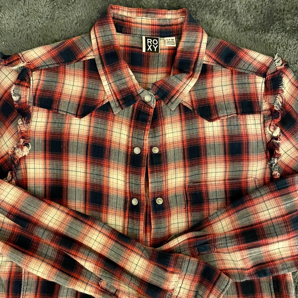 Roxy flannel shirt, size small. Red, white and blue.